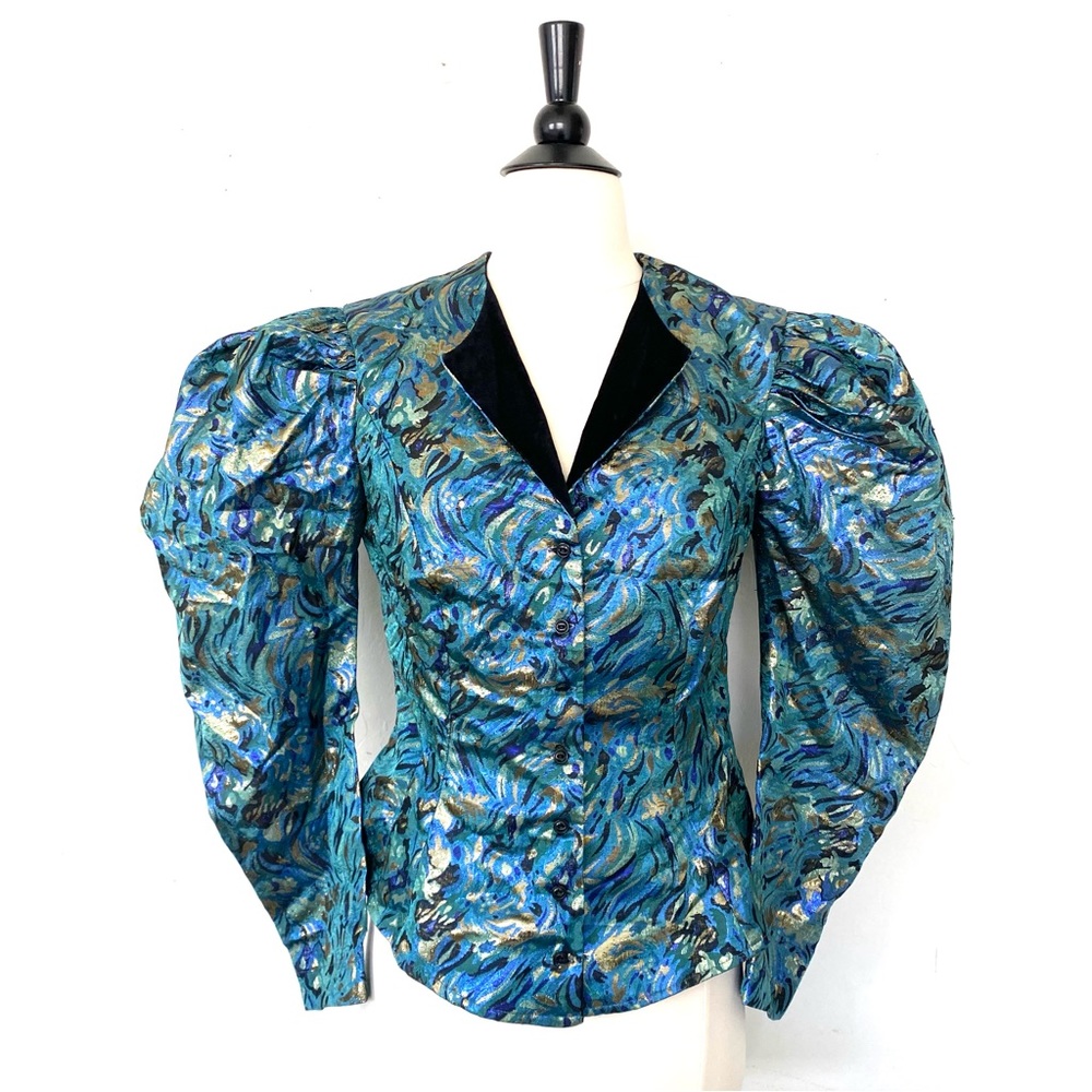 Vintage 80s recollections puff sleeve metallic blue gold green peplum top blouse